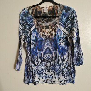 Chico’s Women’s Blue Multicolor Feather Abstract Print Embellished Top Size: 2